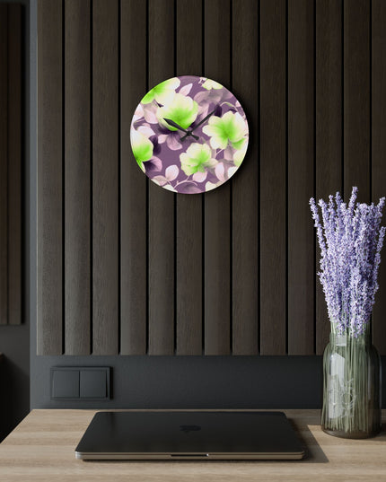 Lime Lavender Floral Bunch Acrylic Wall Clock, Round or Square, 10.75" x 10.75"