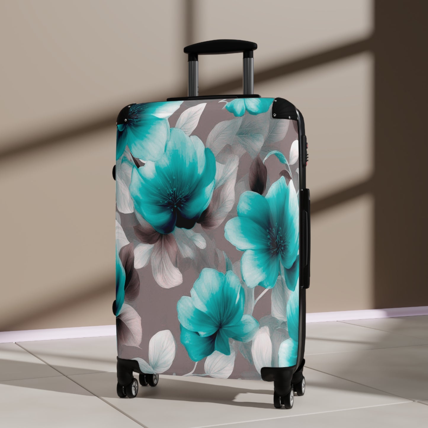 Tif Green Gray Floral Bunch Medium Suitcase with built in lock, 4 double-wheels, telescopic handle, and ABS back hard-shell