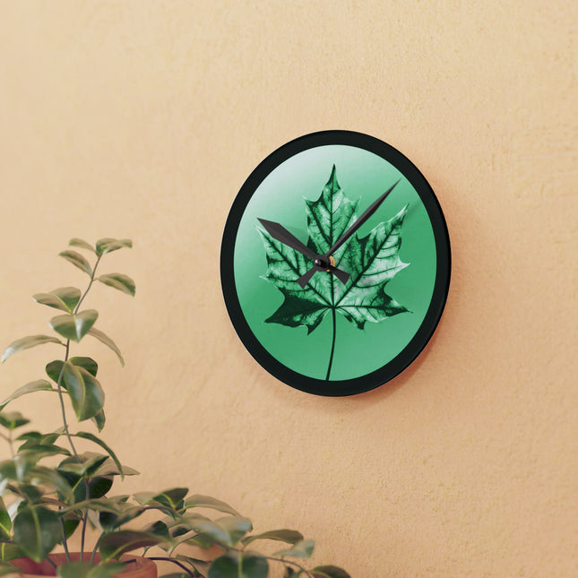 Mint Green Maple Leaf Acrylic Round Wall Clock, 8" x 8"