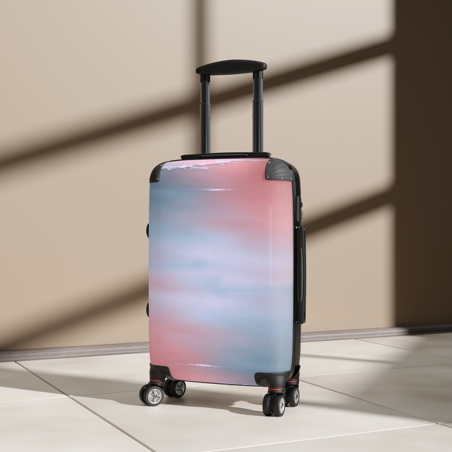Gray Sea Pink Fog Small Suitcase with built in lock, 4 double-wheels, telescopic handle, and ABS back hard-shell