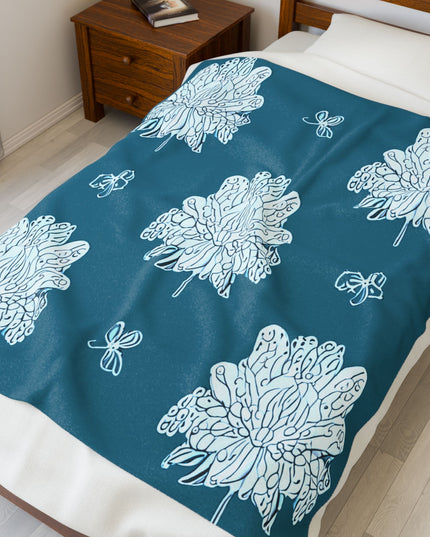 Tif Green White Floral Butterflies Velveteen Plush Blanket, 50" x 60"