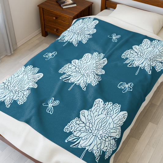 Tif Green White Floral Butterflies Velveteen Plush Blanket, 50" x 60"