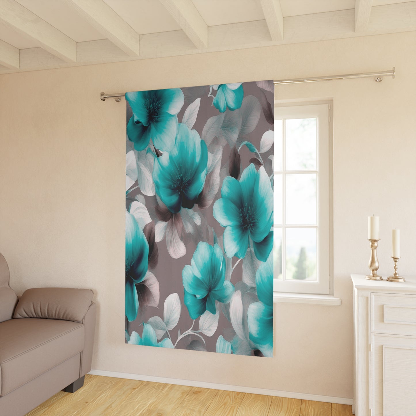 Tif Green Gray Floral Bunch Window Curtain, 50" x  84", blackout