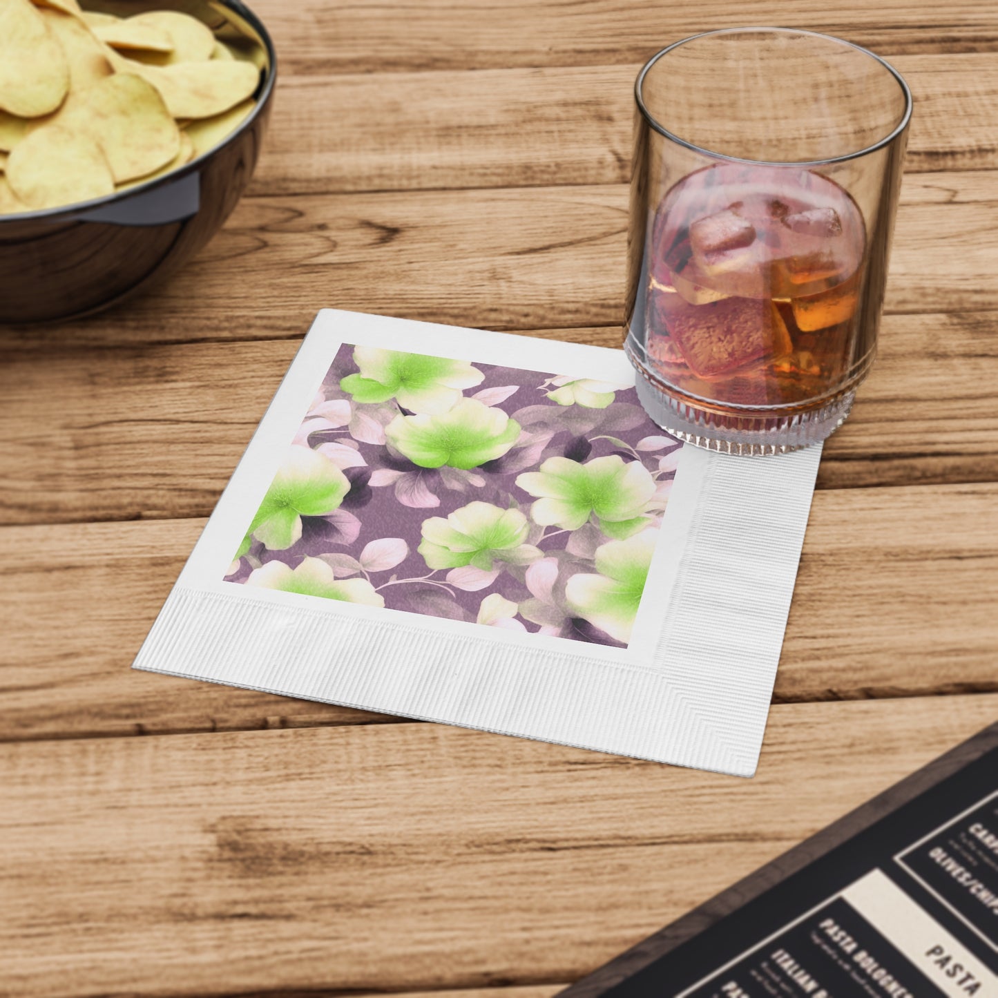 Lime Lavender Floral Bunch White Coined Napkins, 6.5" x 6.5"
