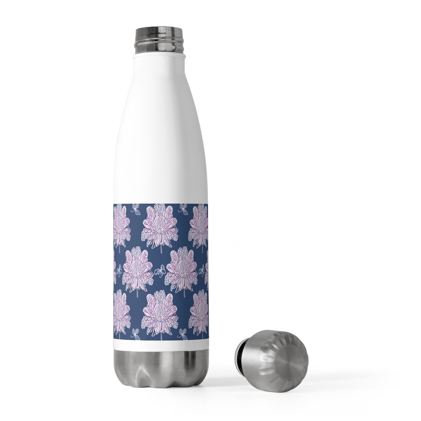 Purple White Floral Butterflies 20oz Insulated Water Bottle