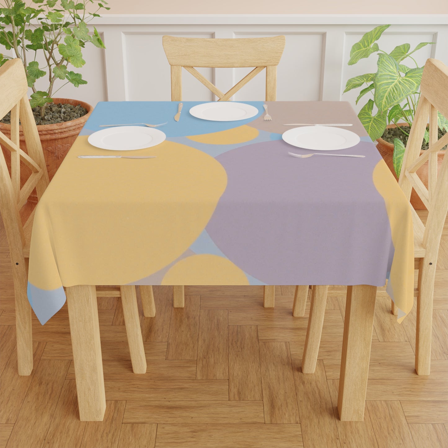 Pastel Baby Blue and Peach Patches Tablecloth, 55" x 55"