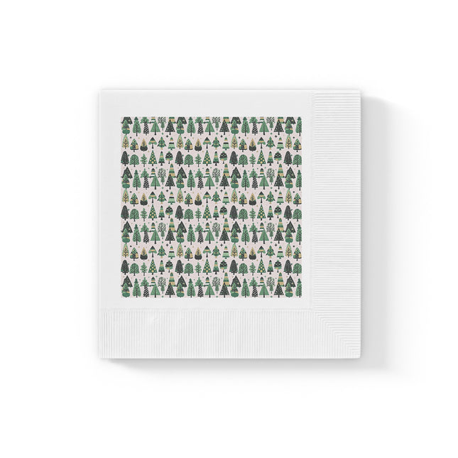Mini Vintage Green Trees White Coined Napkins, 6.5" x 6.5"
