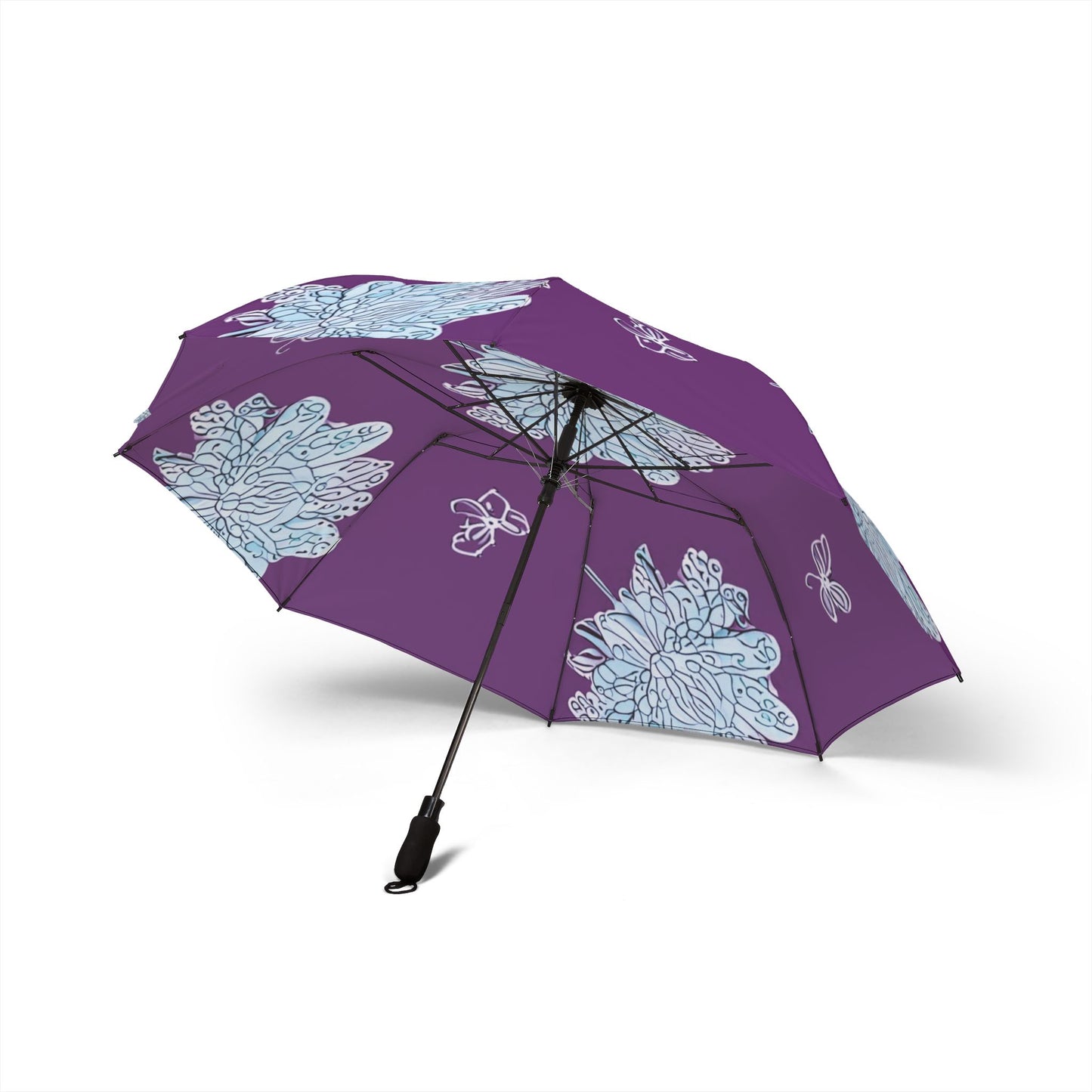 Blue Floral Butterflies Foldable Umbrella - Compact & Chic