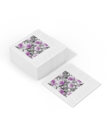 Purple Blossom Floral Bunch White Coined Napkins, 4.8" x 4.8"