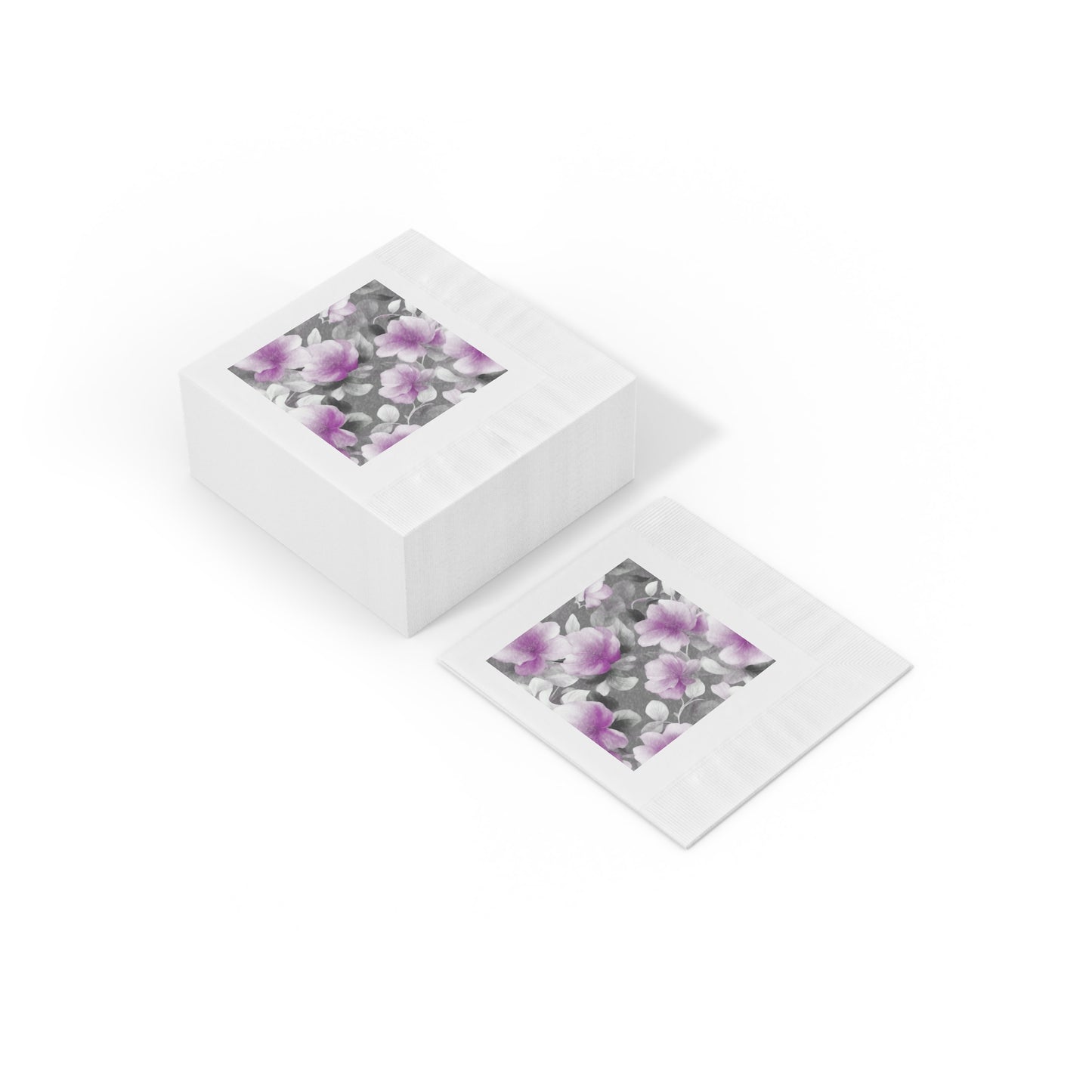 Purple Blossom Floral Bunch White Coined Napkins, 4.8" x 4.8"