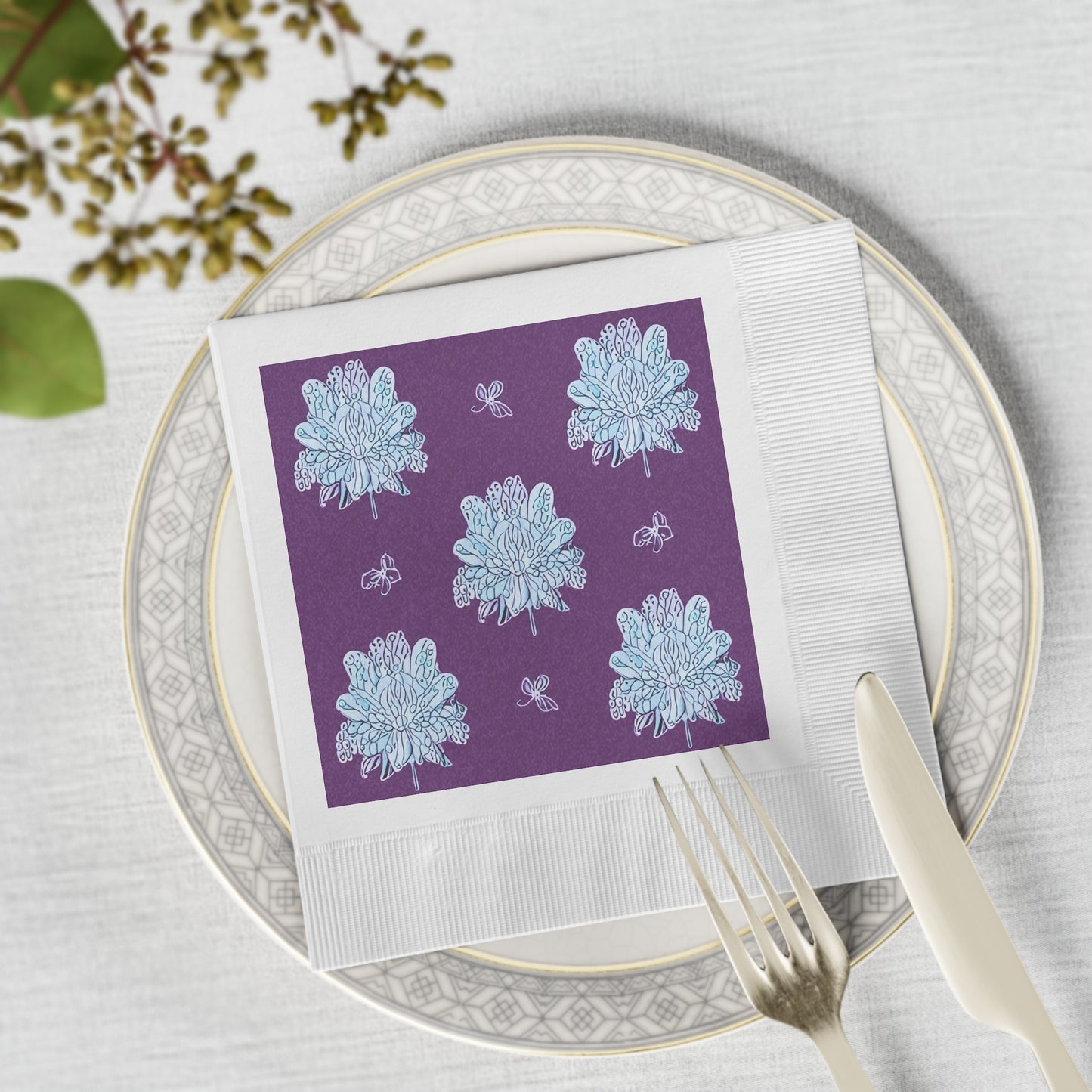 Blue Floral Butterflies White Coined Napkins, 6.5" x 6.5"
