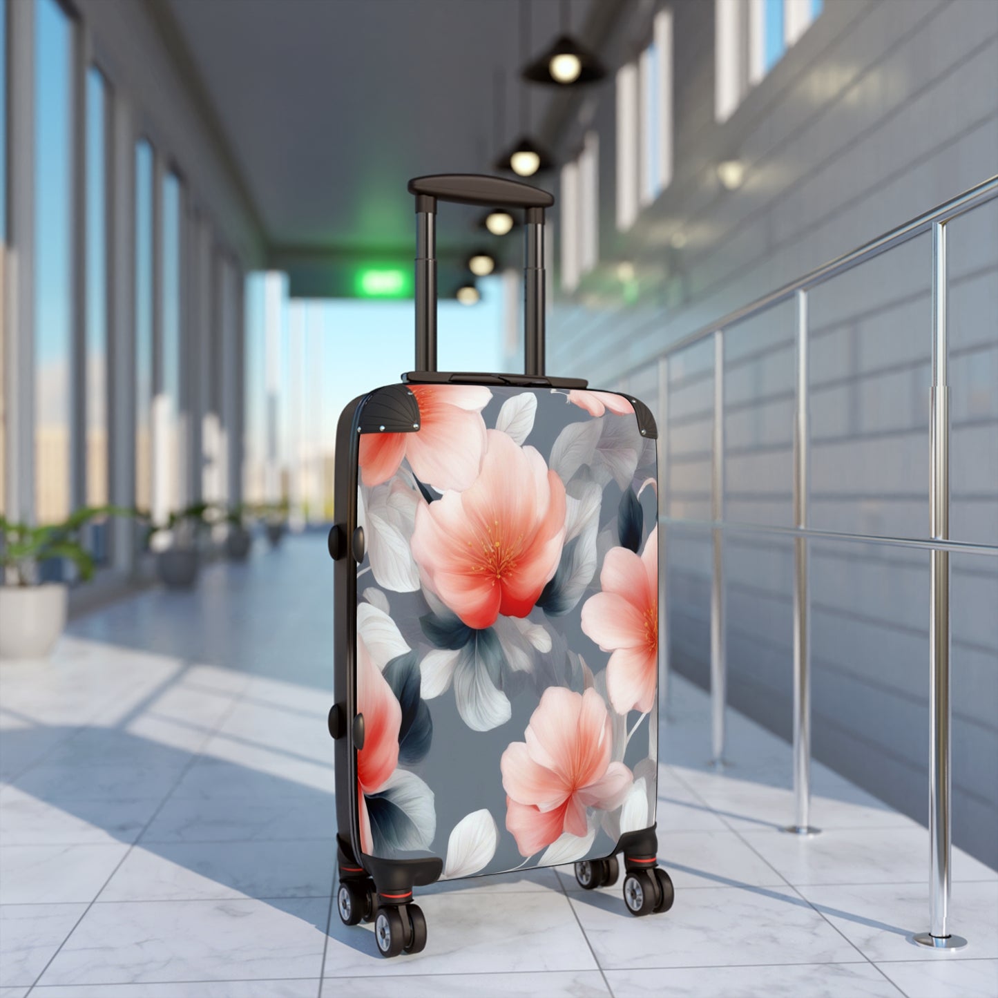 Red Blossom Floral Bunch Small Suitcase with built in lock, 4 double-wheels, telescopic handle, and ABS back hard-shell