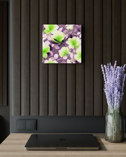 Lime Lavender Floral Bunch Acrylic Wall Clock, Round or Square, 10.75" x 10.75"