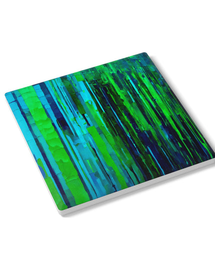 Striped Blue Green 4" x 4" Square Ceramic Coaster