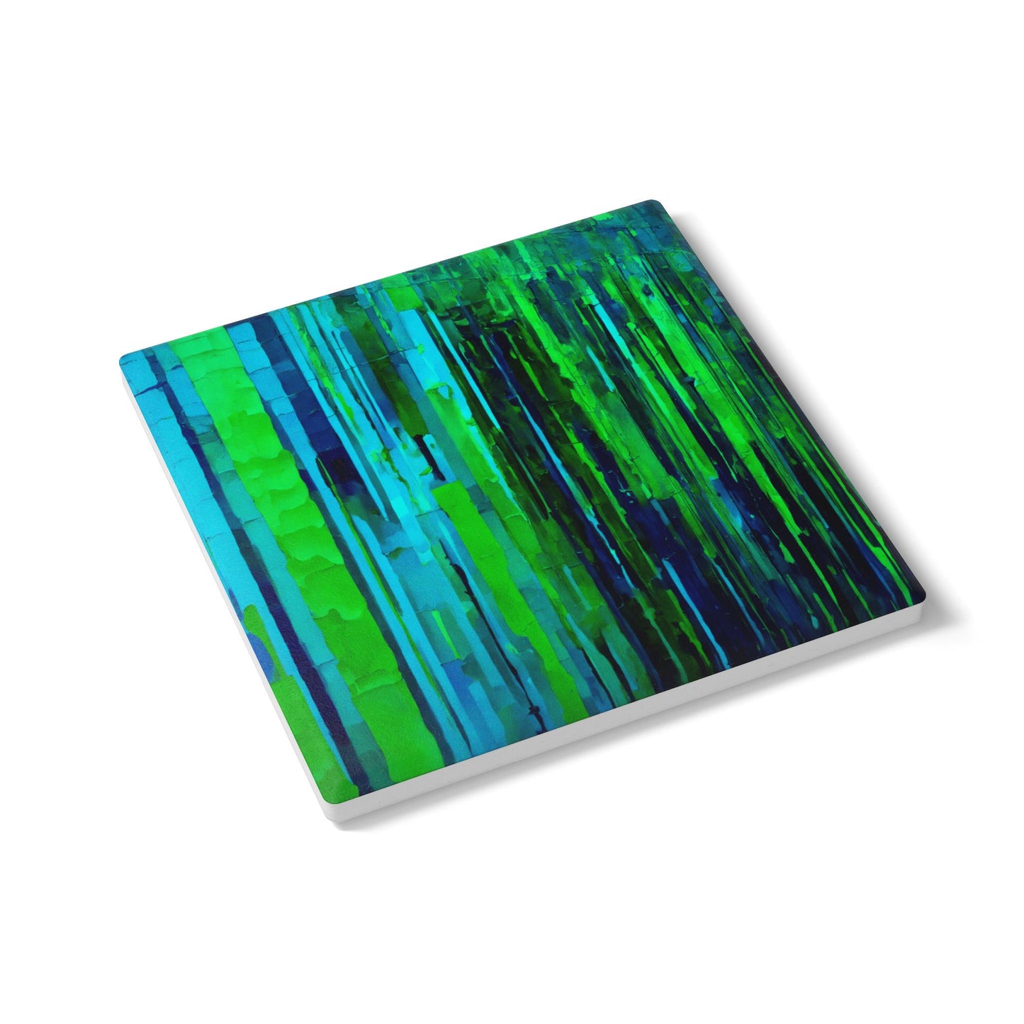 Striped Blue Green 4" x 4" Square Ceramic Coaster
