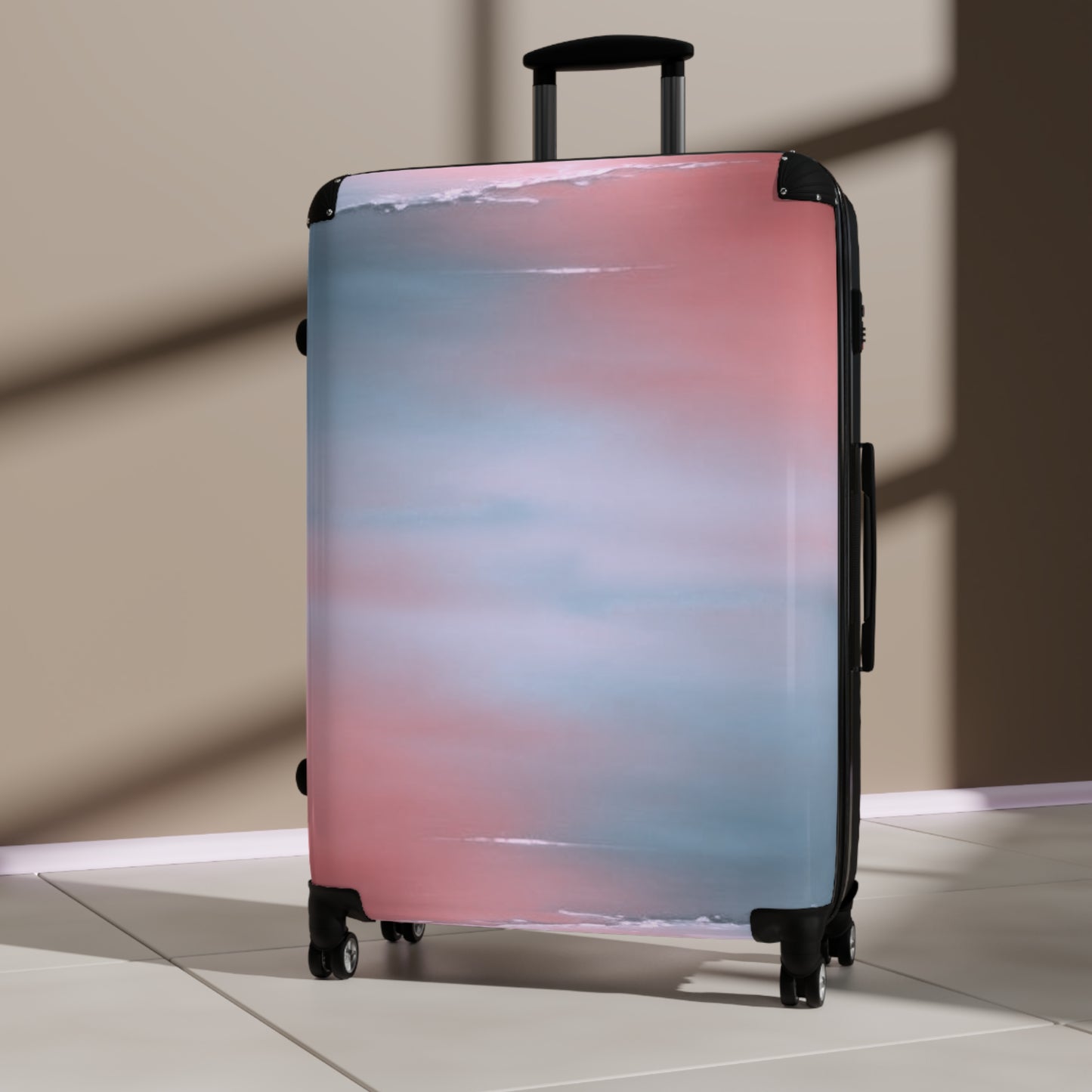 Gray Sea Pink Fog Large Suitcase with built in lock, 4 double-wheels, telescopic handle, and ABS back hard-shell