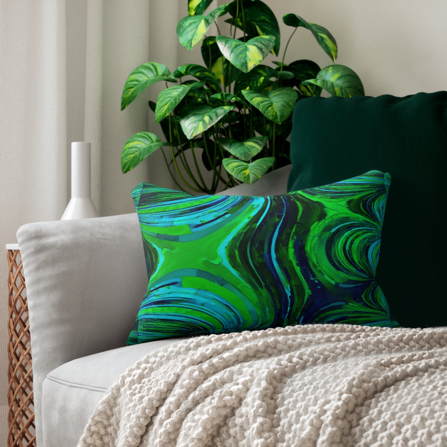 Uzi Spiral Blue Green Spun Polyester Lumbar Pillow, 20" x 14"
