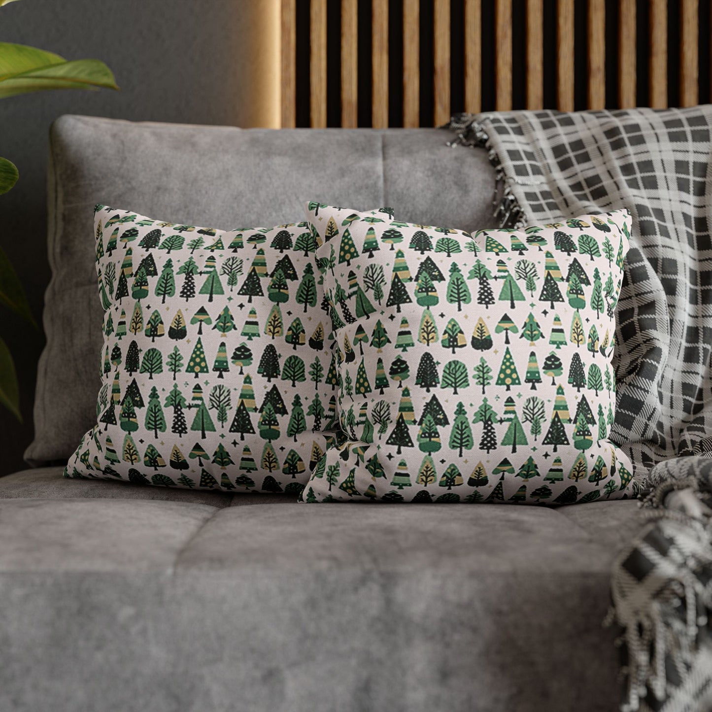 Mini Vintage Green Trees Spun Polyester Square Pillowcase, 14" x 14"