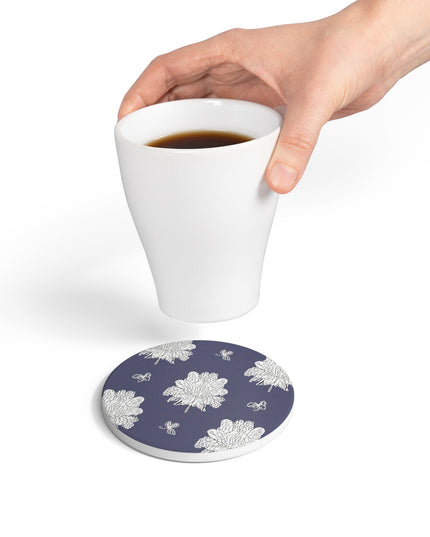 White Floral Butterflies 4" x 4" Round Ceramic Coaster
