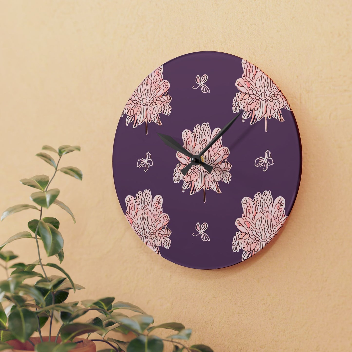 Pink Floral Butterflies Acrylic Wall Clock, Round or Square, 10.75" x 10.75"