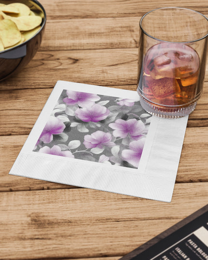 Purple Blossom Floral Bunch White Coined Napkins, 6.5" x 6.5"