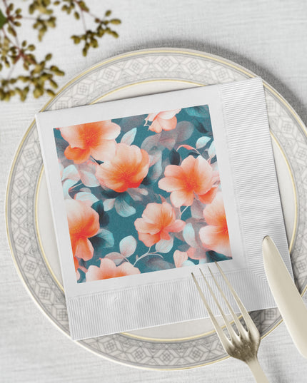 Orange Blossom Floral Bunch White Coined Napkins, 6.5" x 6.5"