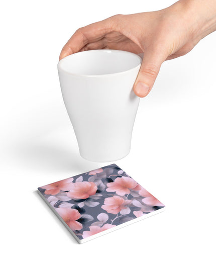 Peach and Blue Gray Floral Bunch Square Ceramic Coaster, 4" x 4"