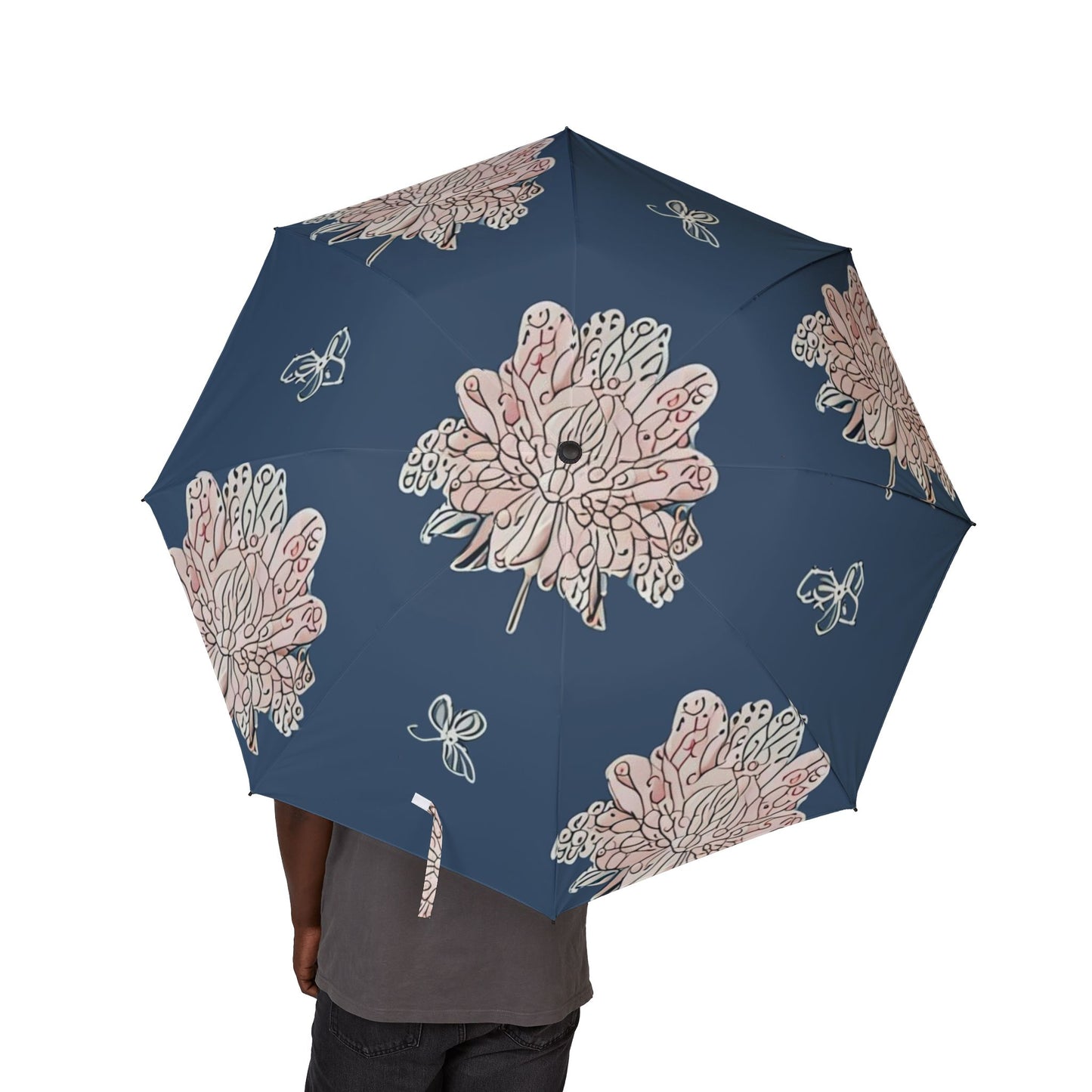 Rose White Floral Butterflies Foldable Umbrella - Compact & Chic