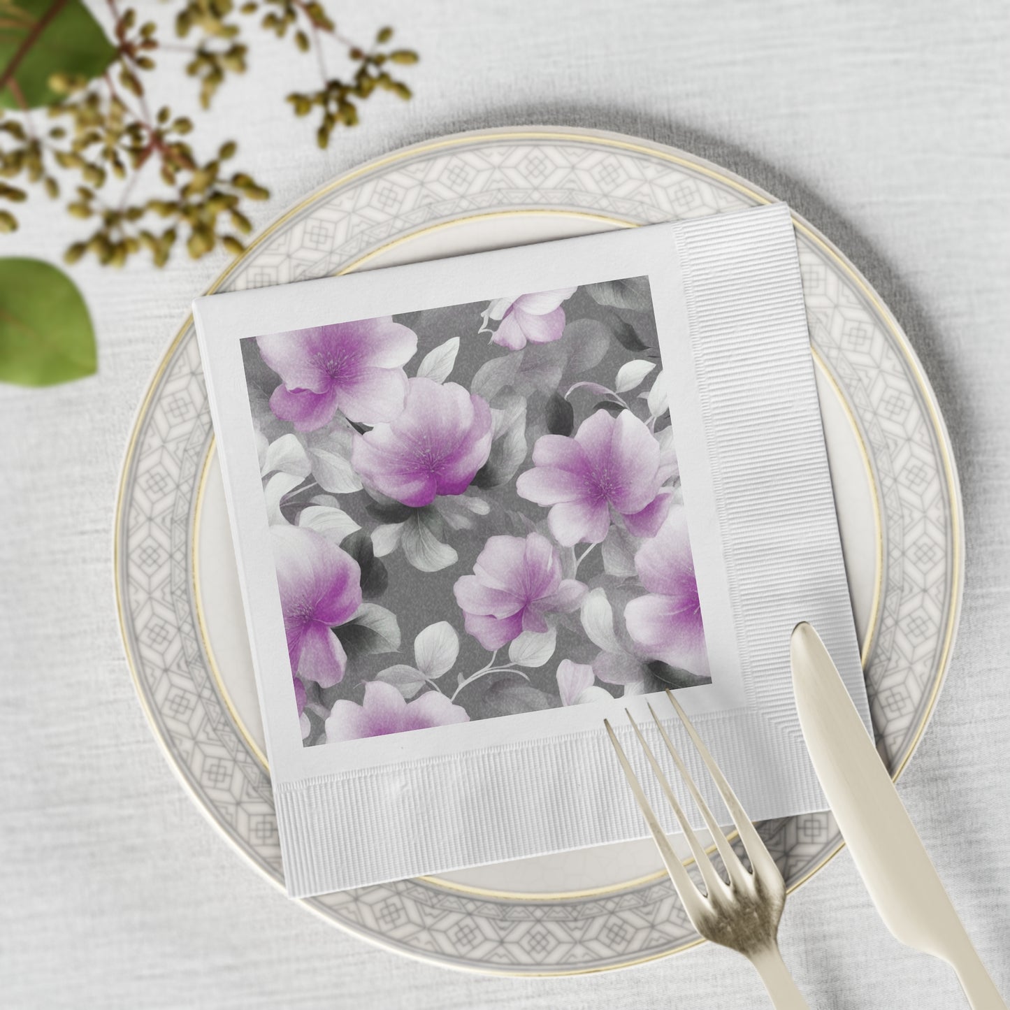 Purple Blossom Floral Bunch White Coined Napkins, 6.5" x 6.5"