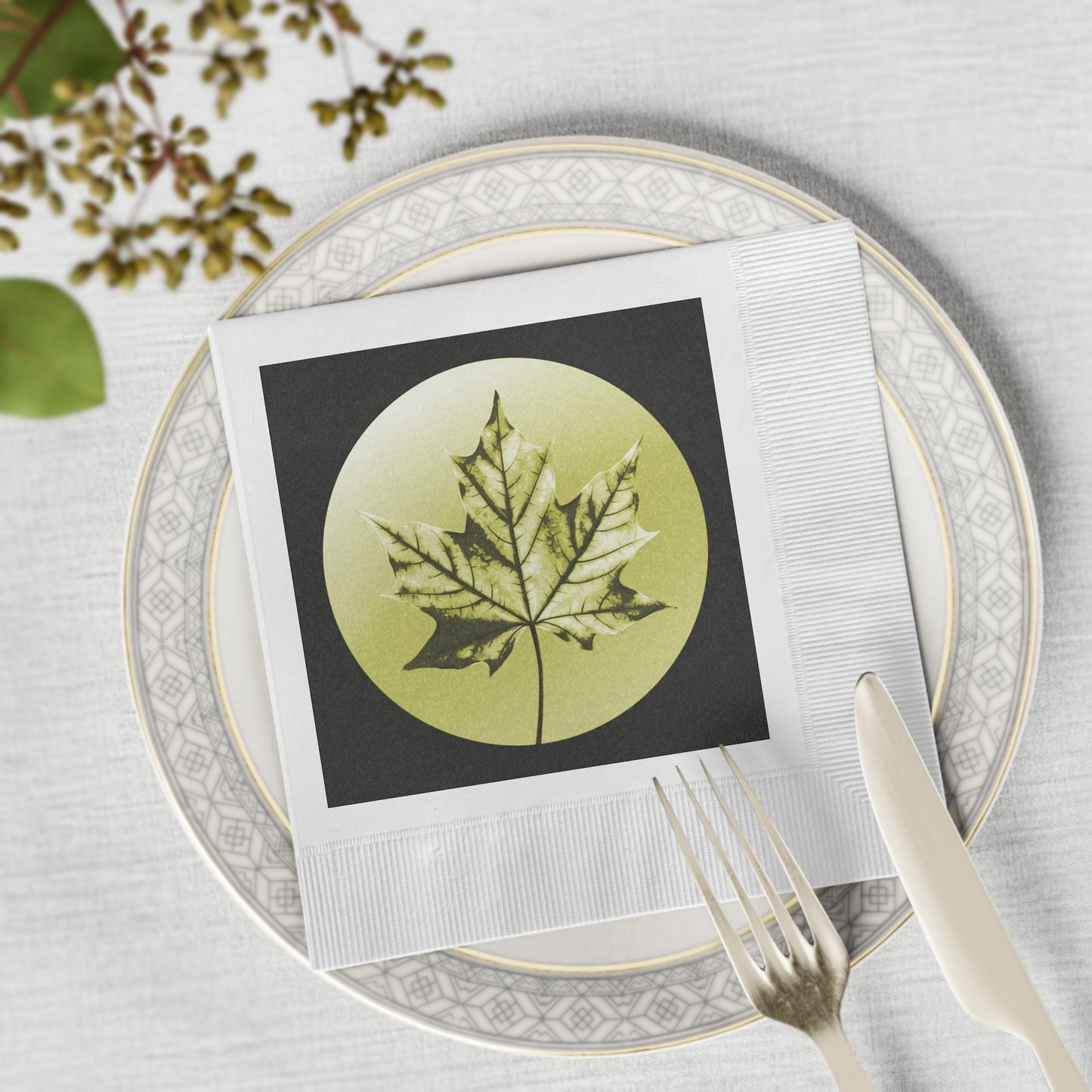 Lemongrass Maple Leaf White Coined Napkins, 6.5" x 6.5"
