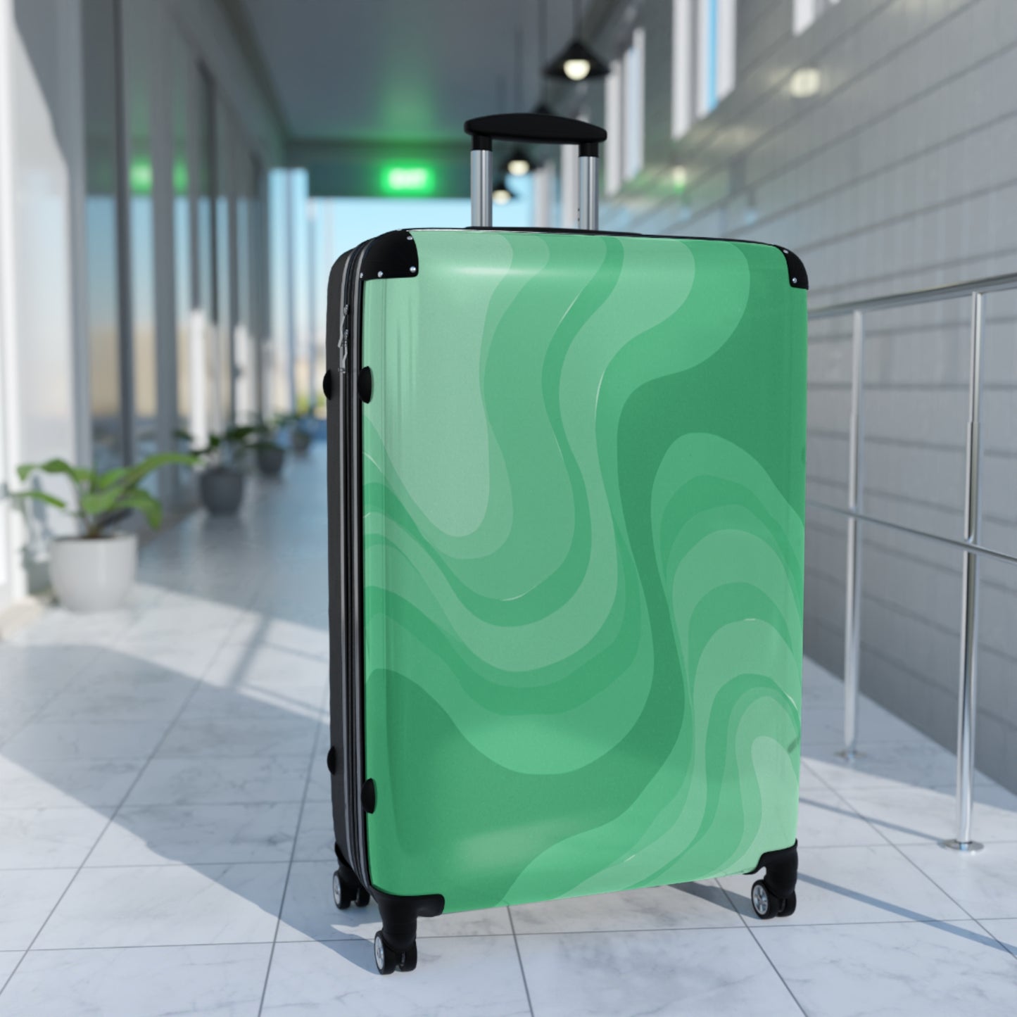Mint Green Wavey Large Suitcase with built in lock, 4 double-wheels, telescopic handle, and ABS back hard-shell