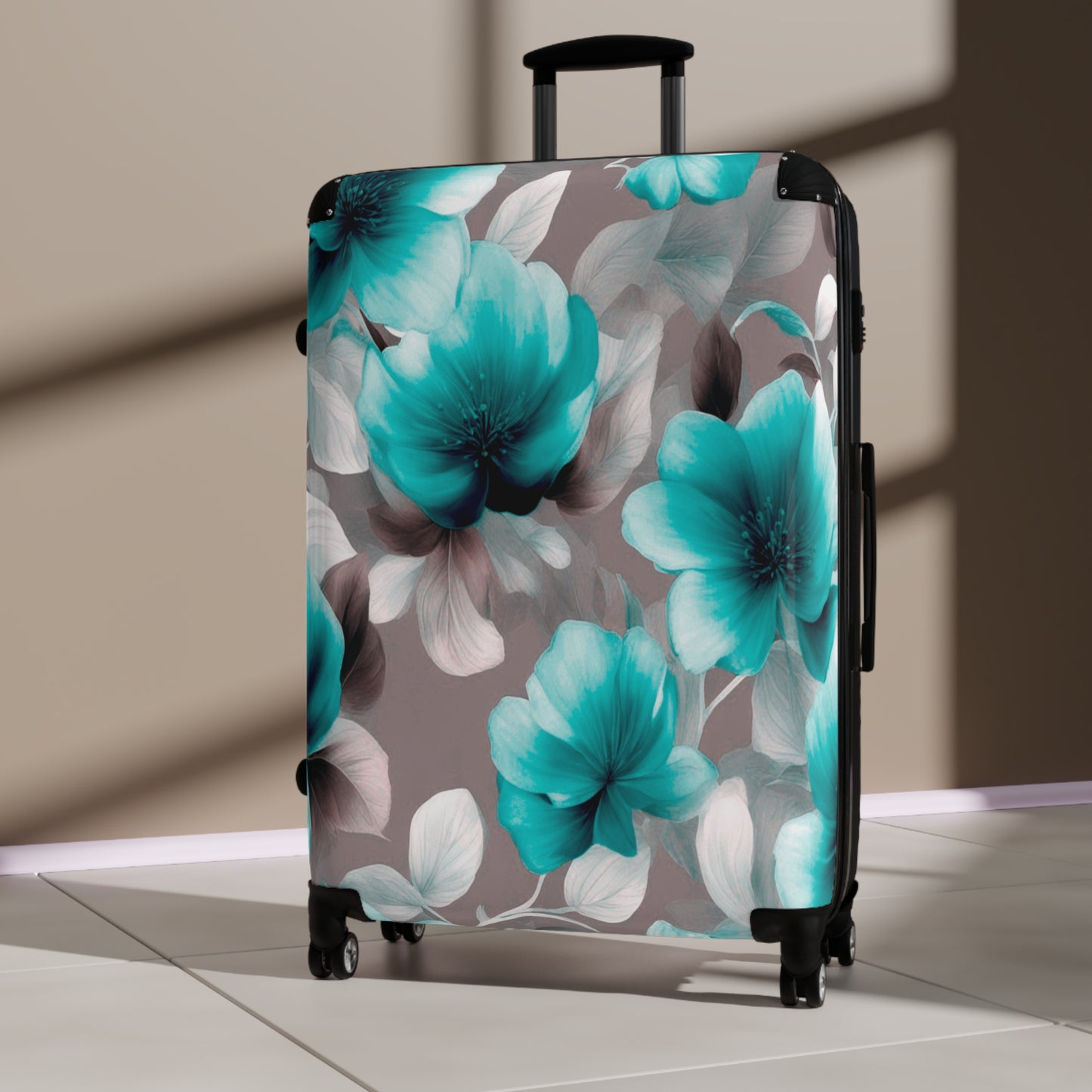 Tif Green Gray Floral Bunch Large Suitcase with built in lock, 4 double-wheels, telescopic handle, and ABS back hard-shell