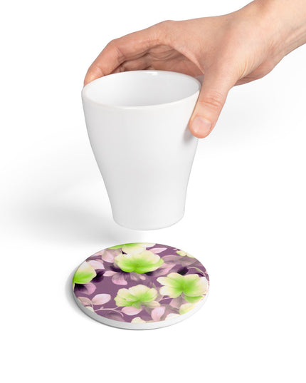 Lime Lavender Floral Bunch Round Ceramic Coaster, 4" x 4"