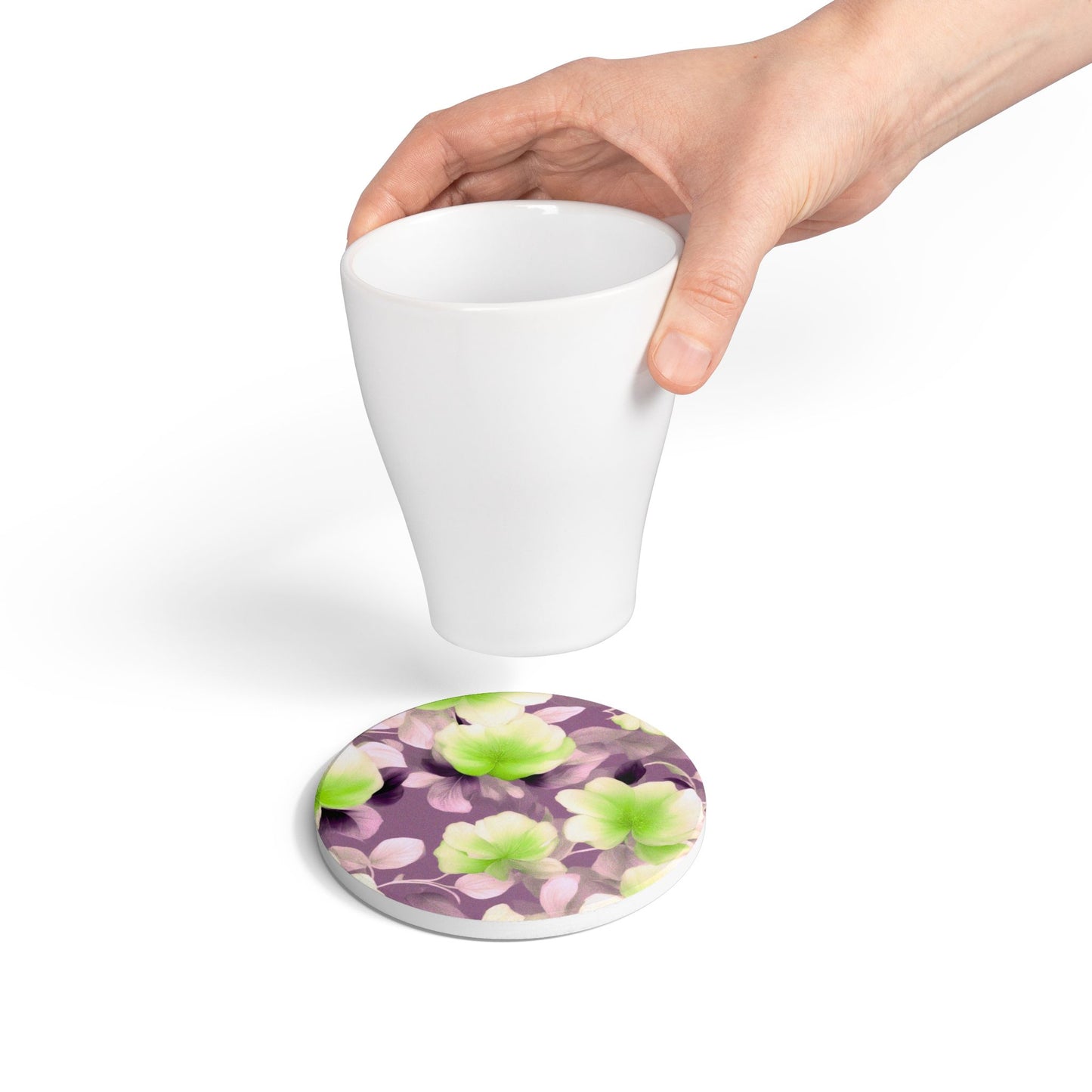 Lime Lavender Floral Bunch Round Ceramic Coaster, 4" x 4"
