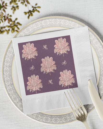 Pink Floral Butterflies White Coined Napkins, 6.5" x 6.5"