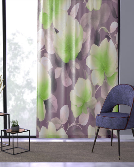 Lime Lavender Floral Bunch Sheer Window Curtain, 50" x 84", partially transparent