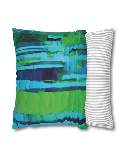 Striped Blue Green Spun Polyester Square Pillowcase, 14" x 14"