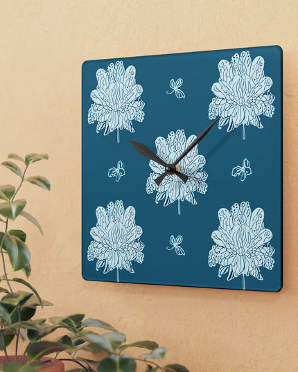 Tif Green White Floral Butterflies Acrylic Wall Clock, Round or Square, 10.75" x 10.75"