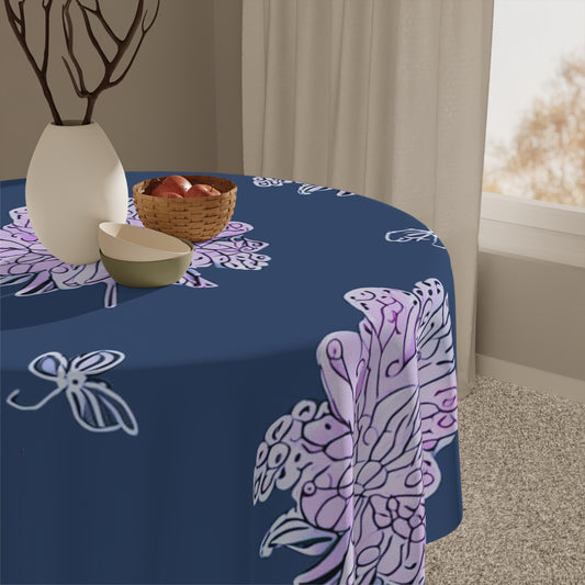 Purple White Floral Butterflies Tablecloth, 55" x 55"