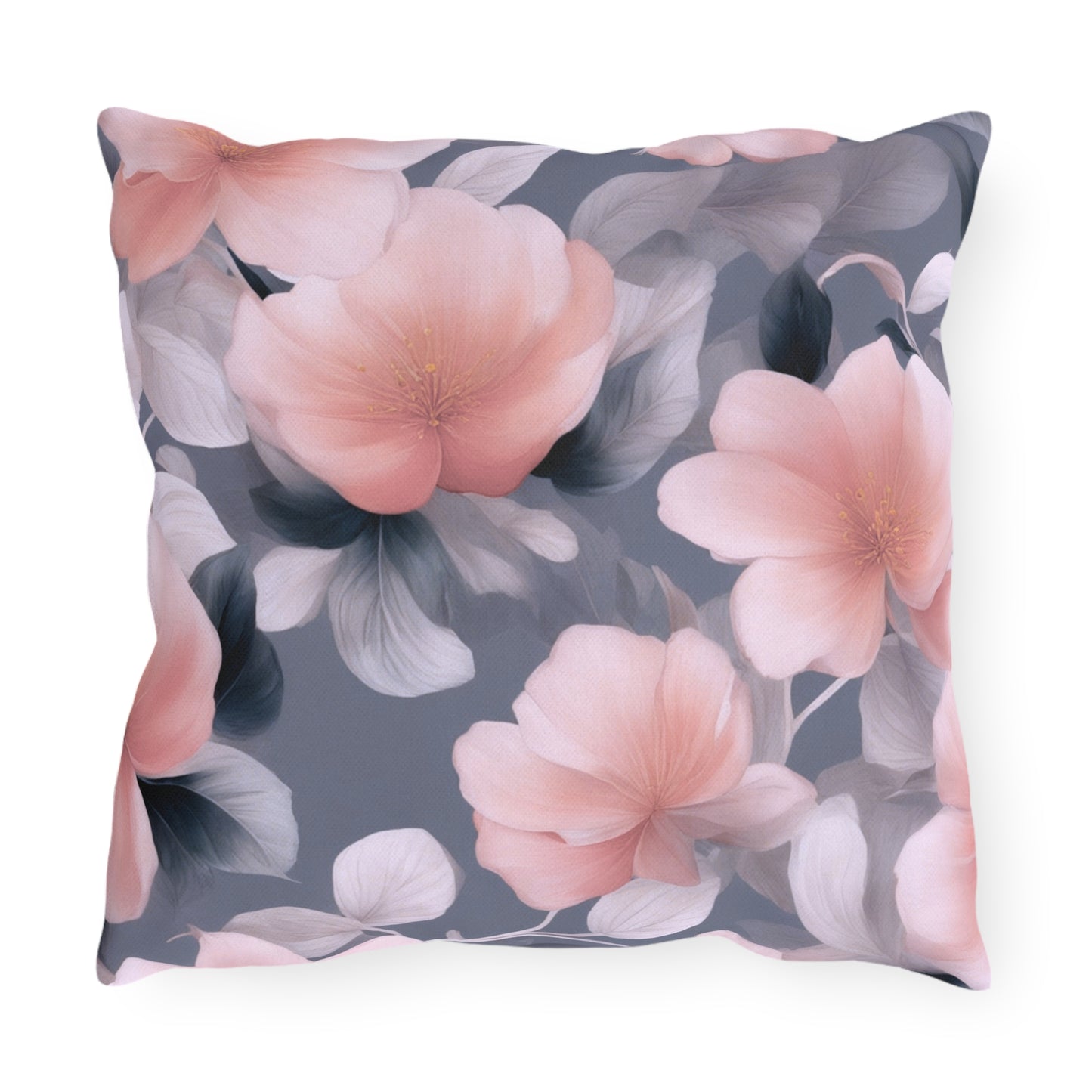 Peach and Blue Gray Floral Bunch Outdoor Pillow, 16" x 16"