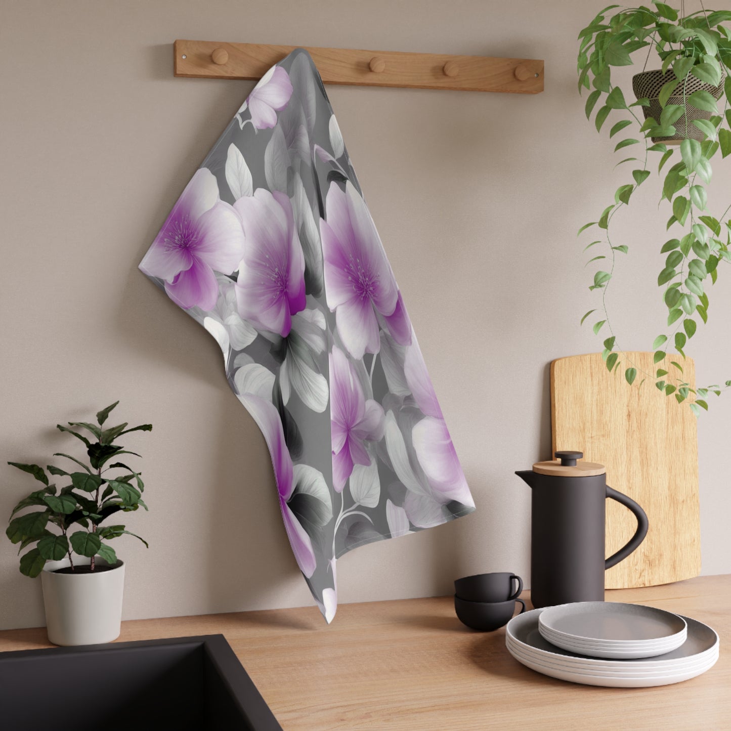Purple Blossom Floral Bunch Tea Towels (cotton, poly), 18" x "30