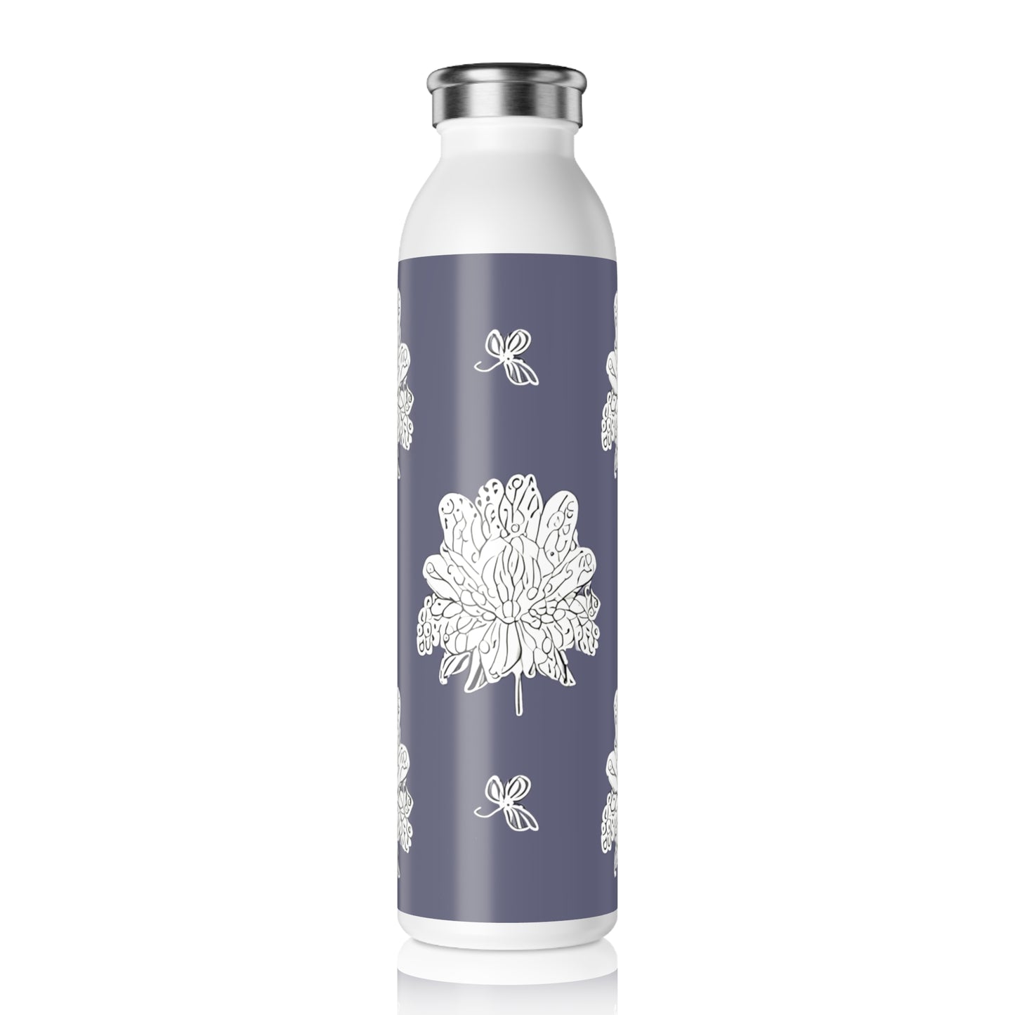 White Floral Butterflies Slim Water Bottle, 20 oz White