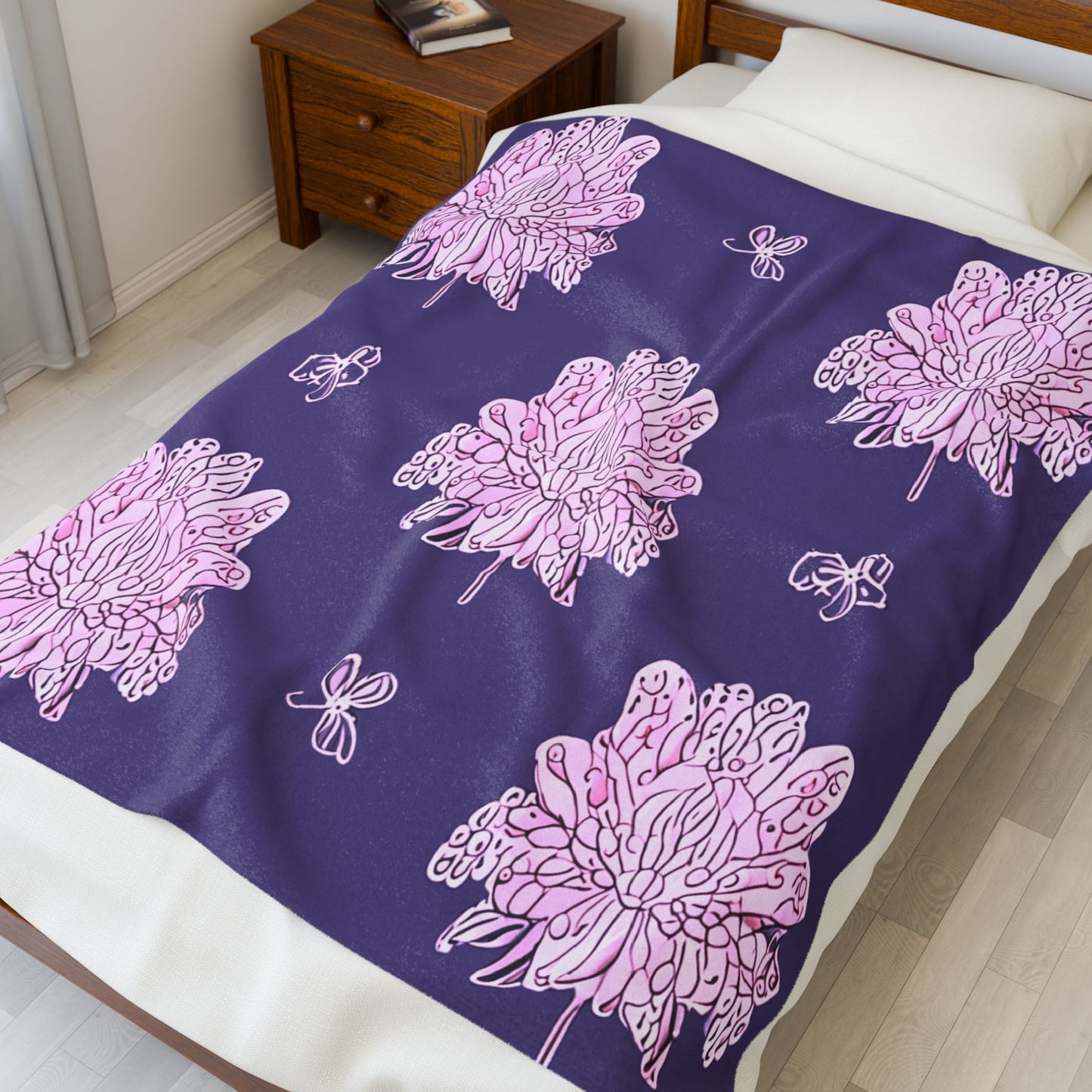 Magenta Floral Butterflies Velveteen Plush Blanket, 50" x 60"