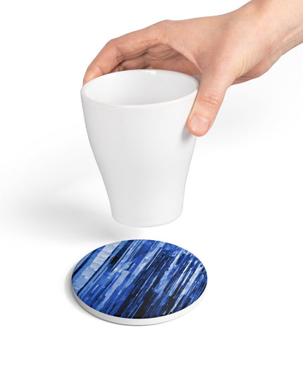 Striped Deep Blue 4" x 4" Round Ceramic Coaster