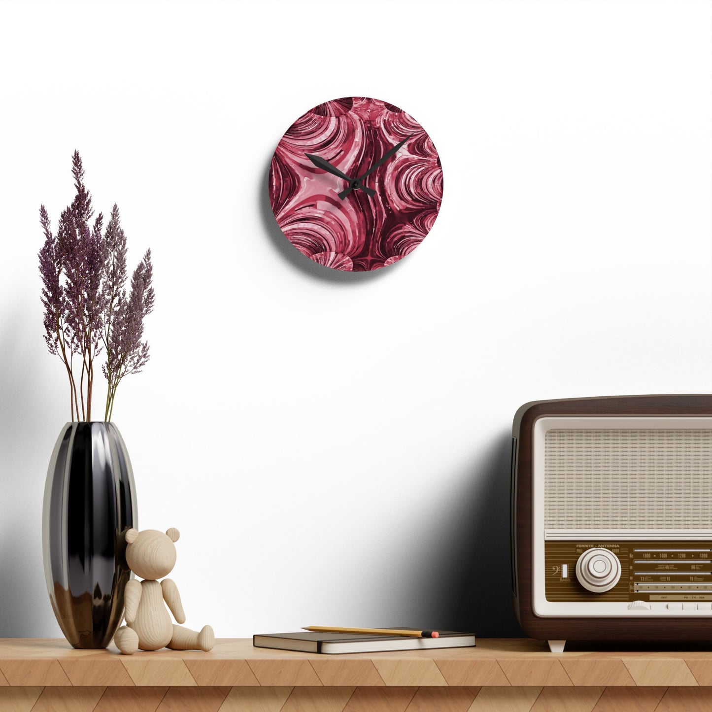 Uzi Spiral Ruby Acrylic Round Wall Clock, 8" x 8"