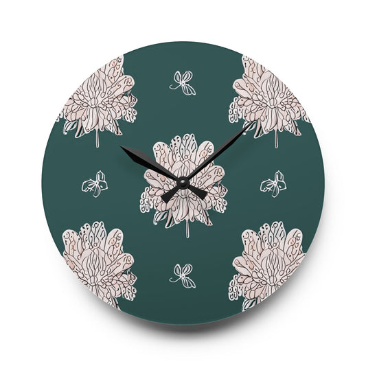 Soft White Floral Butterflies Acrylic Wall Clock, Round or Square, 10.75" x 10.75"