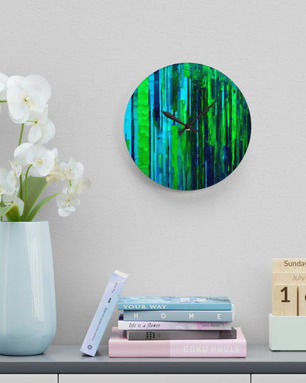 Striped Blue Green Acrylic Wall Clock, Round or Square, 10.75" x 10.75"