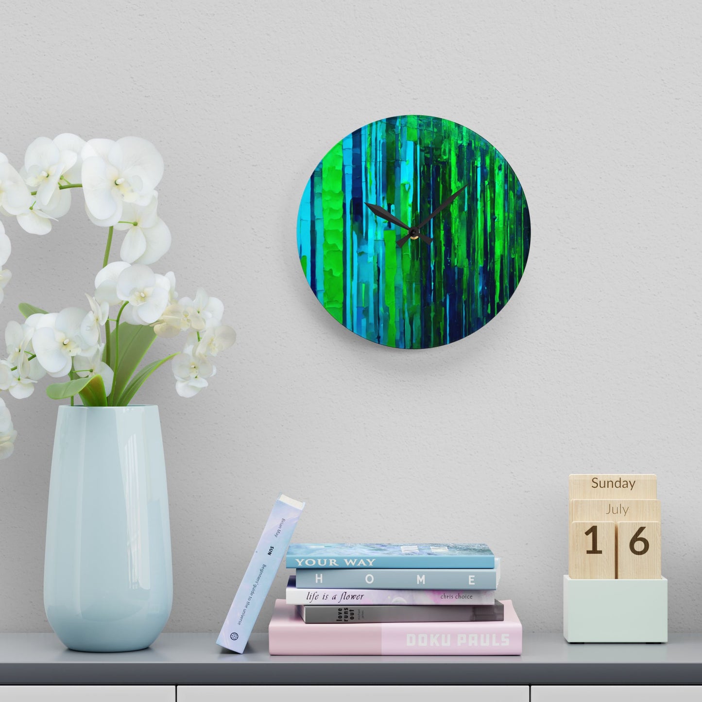 Striped Blue Green Acrylic Wall Clock, Round or Square, 10.75" x 10.75"