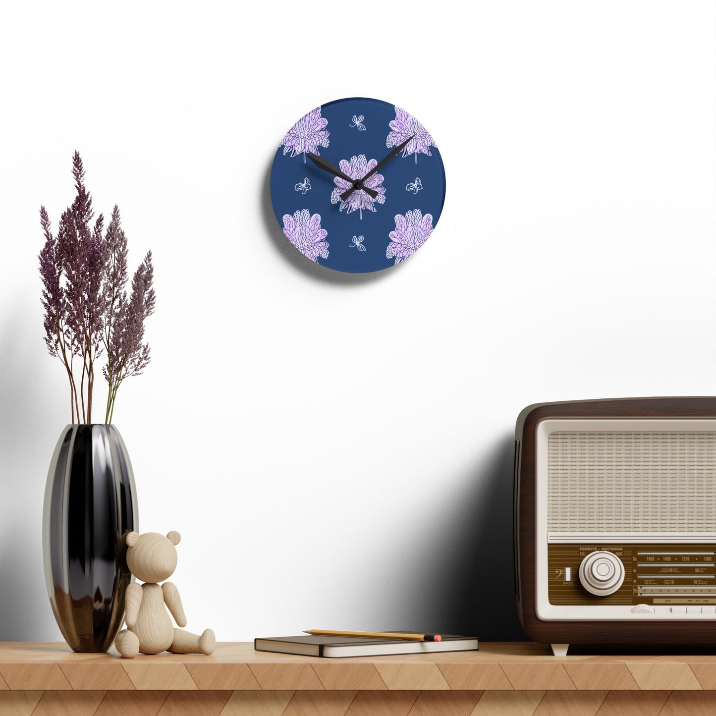 Purple White Floral Butterflies Acrylic Round Wall Clock, 8" x 8"