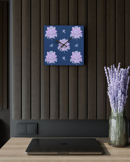Purple White Floral Butterflies Acrylic Wall Clock, Round or Square, 10.75" x 10.75"